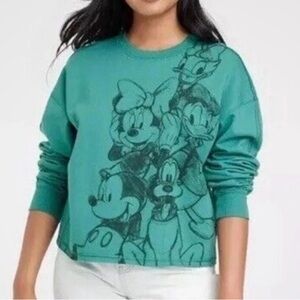 Disney Mickey & Friends Green Teal Cropped Sweatshirt w/ Graphic Characters Sz M